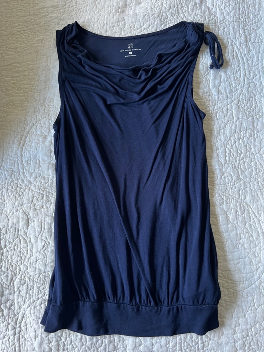 New York & Company Navy Sleeveless Cowl Neck Tank with Shoulder Tie